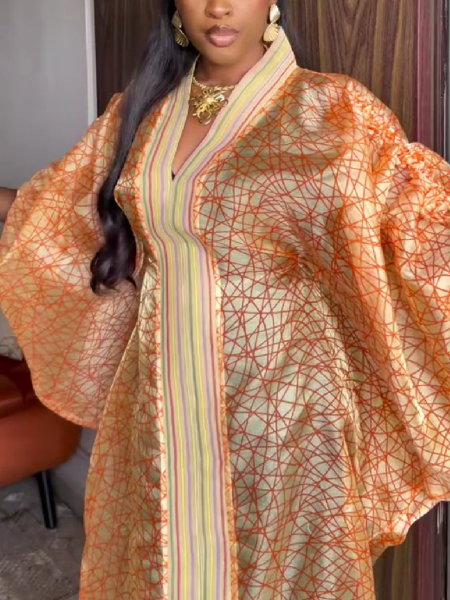 Geometric Print Long Wrap Dress with Wide Sleeves