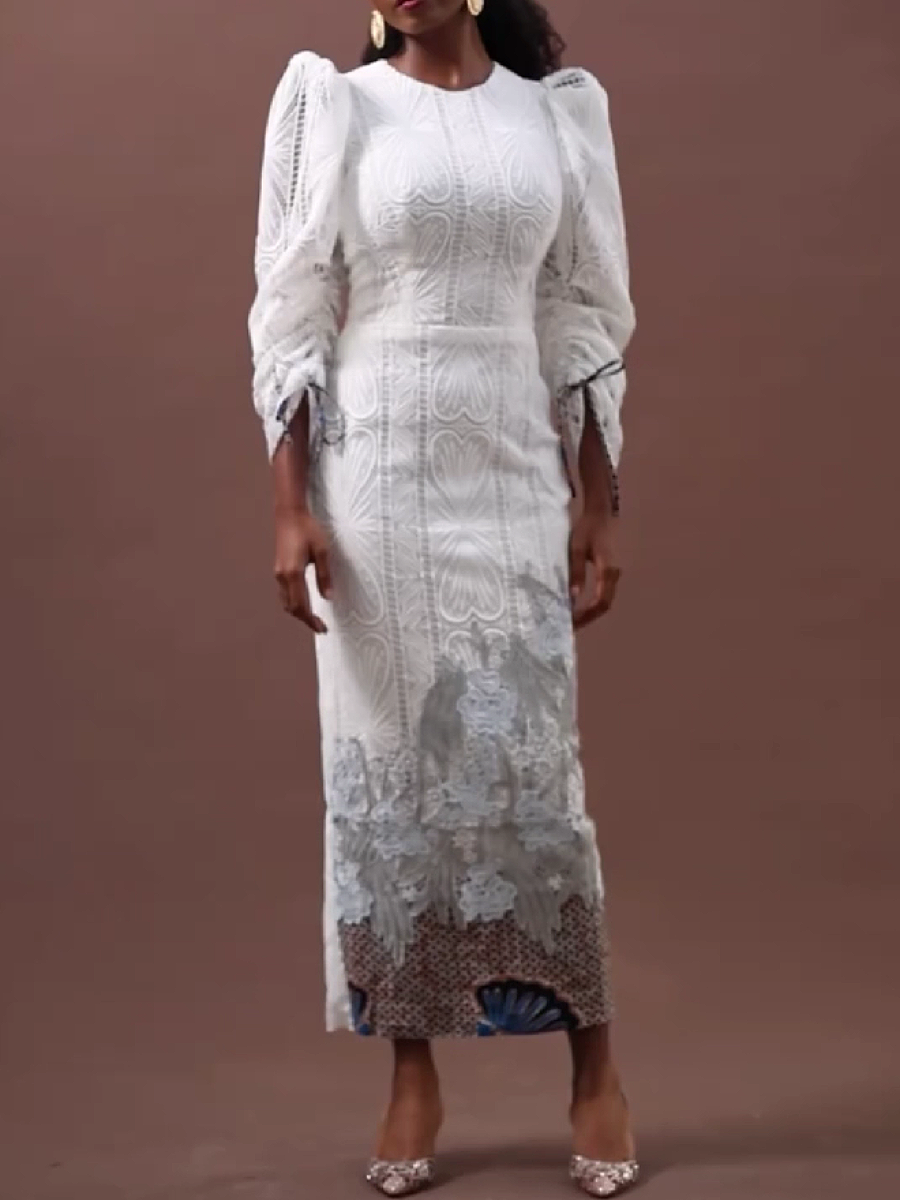 Lace Embellished Puff Sleeve Maxi Dress