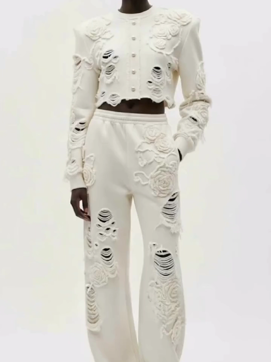 Floral Embellished Crop Top and Wide Leg Pants Set