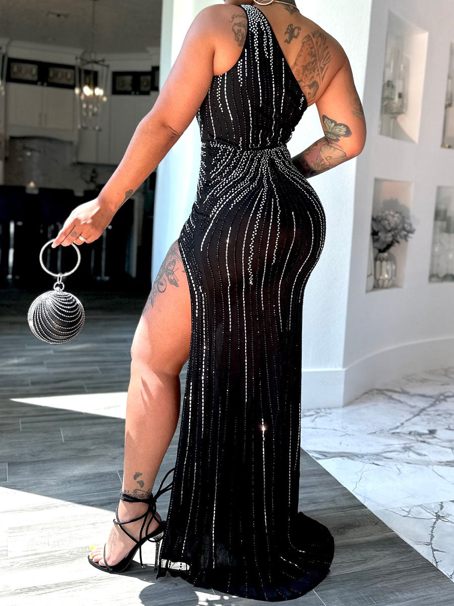 Rhinestones One Shoulder Stretch Party Dress