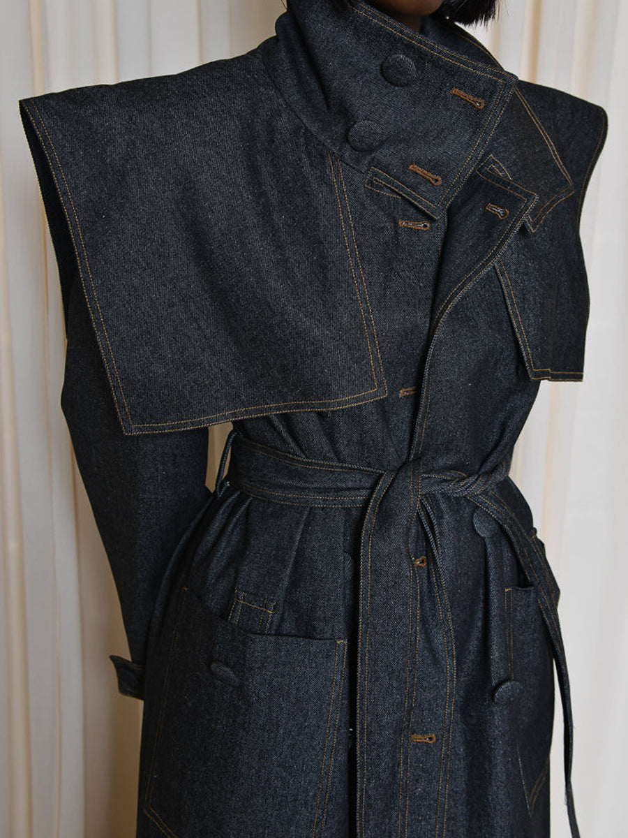 Fashion Lapel Strap Denim Trench Coat