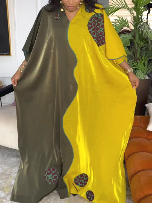 Asymmetrical Panel Maxi Dress with Embroidered Patches