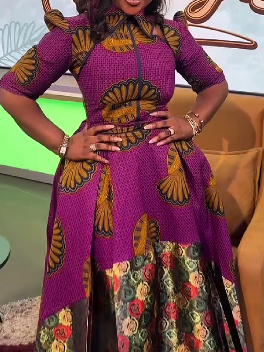 High Neck Patchwork Print Midi Dress