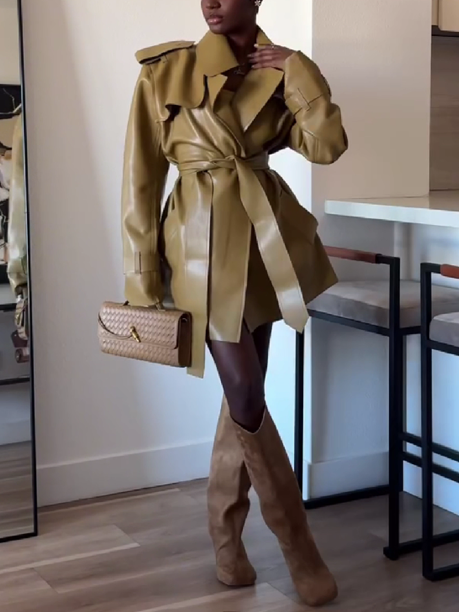 Belted Leather Trench Coat with Layered Collar