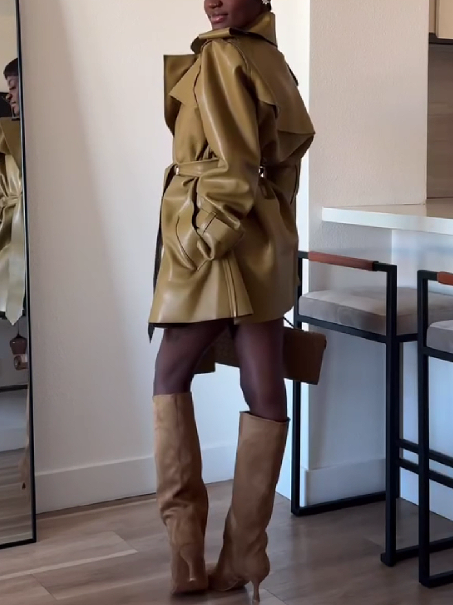 Belted Leather Trench Coat with Layered Collar