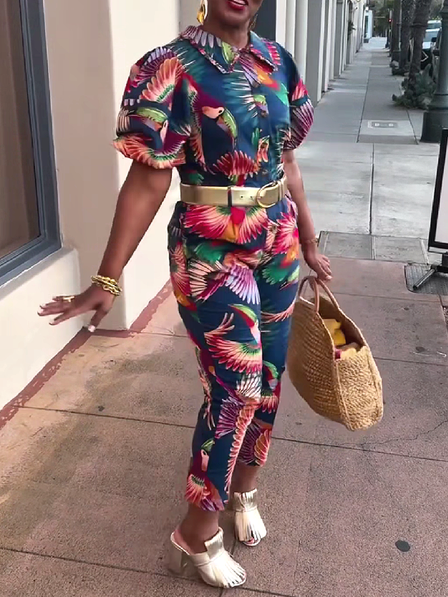 Tropical Print Short Sleeve Top and Cropped Pants Set