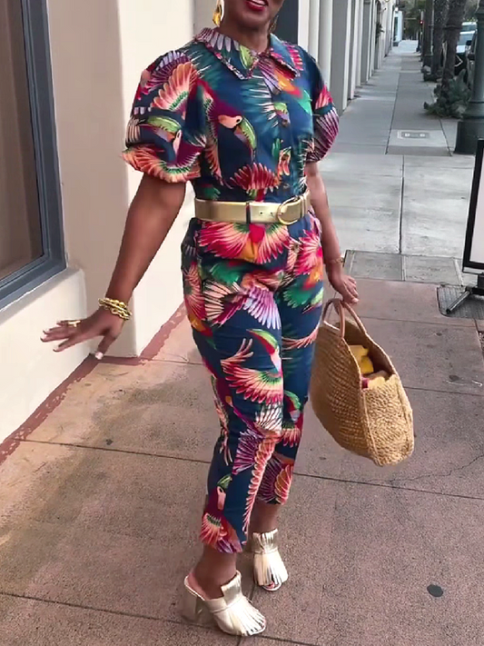 Tropical Print Short Sleeve Top and Cropped Pants Set