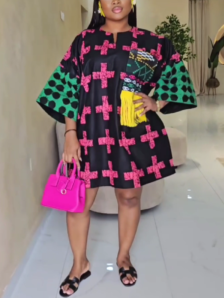 Geometric Print Fringe Detail Tunic Dress