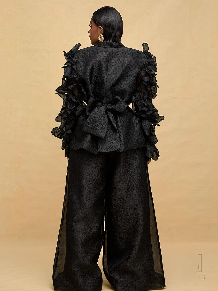 Ruffled Sleeve Blazer and Wide Leg Pants Set