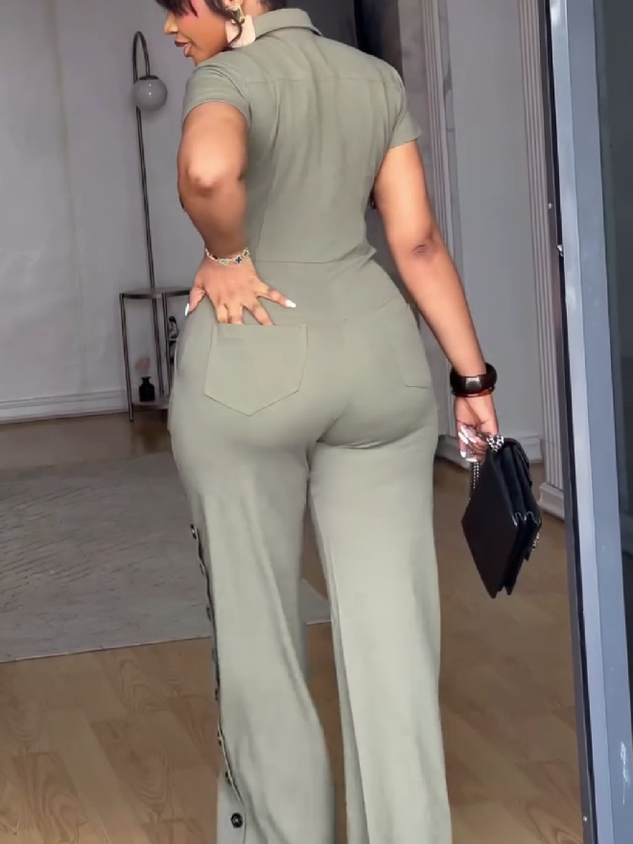 Button-Down Collar Jumpsuit with Side Button Detail