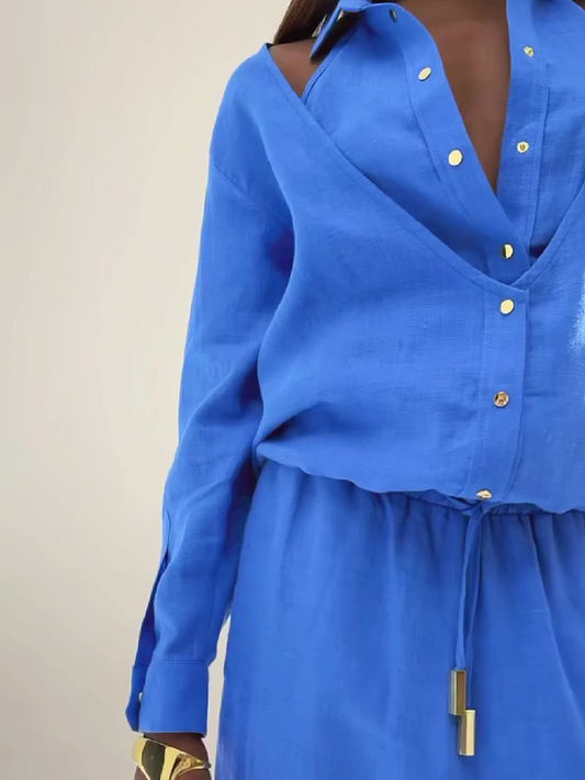 Blue Button Down Cold Shoulder Suit