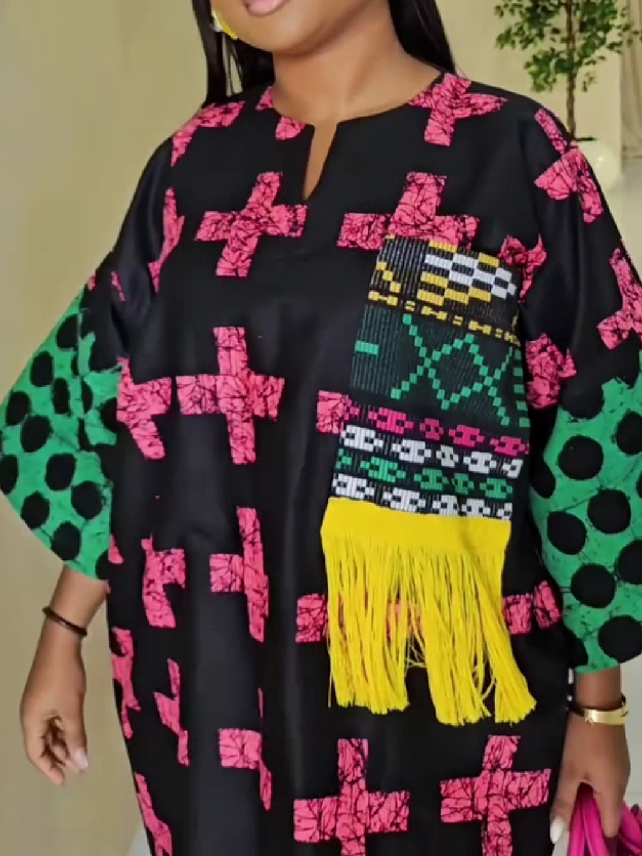 Geometric Print Fringe Detail Tunic Dress