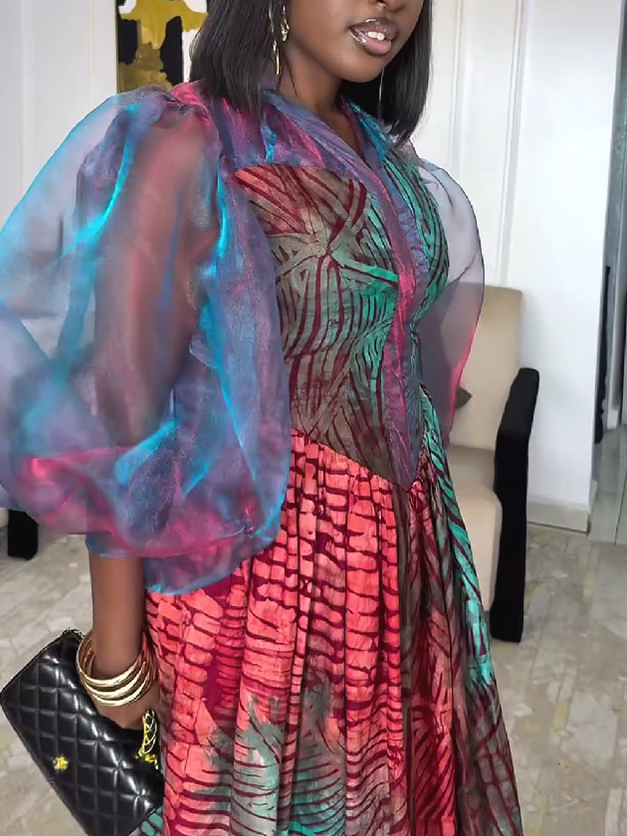 Printed Puff Sleeve Maxi Dress