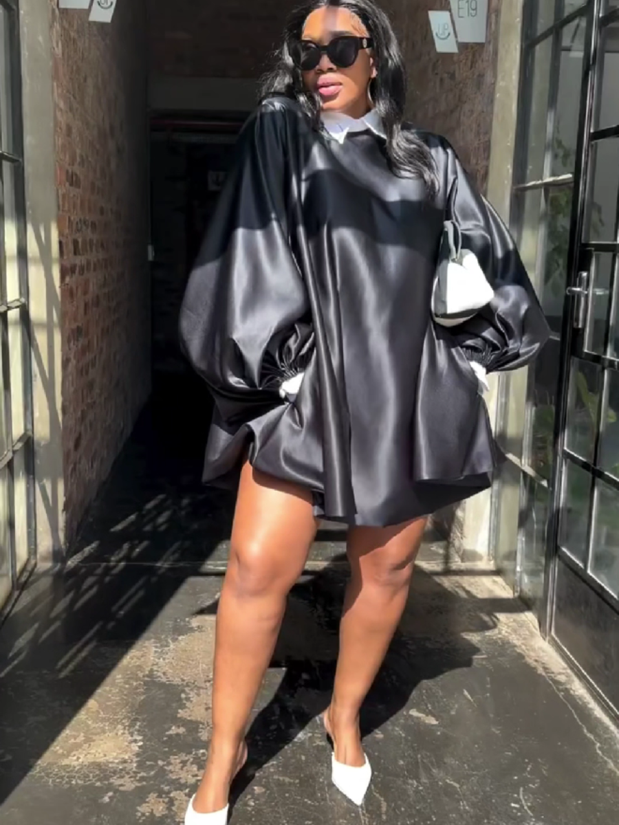 Puff Sleeve Satin Mini Dress with Collar