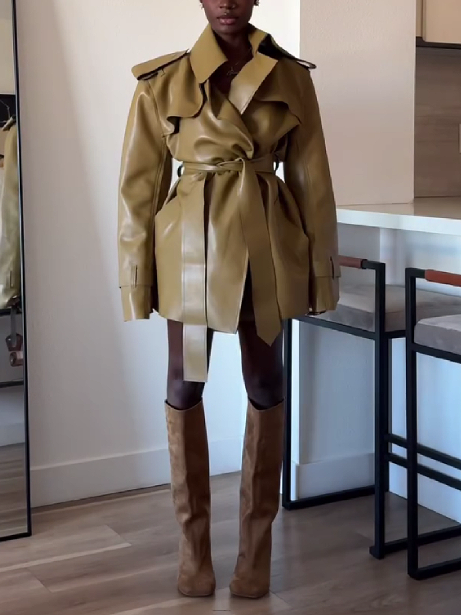 Belted Leather Trench Coat with Layered Collar