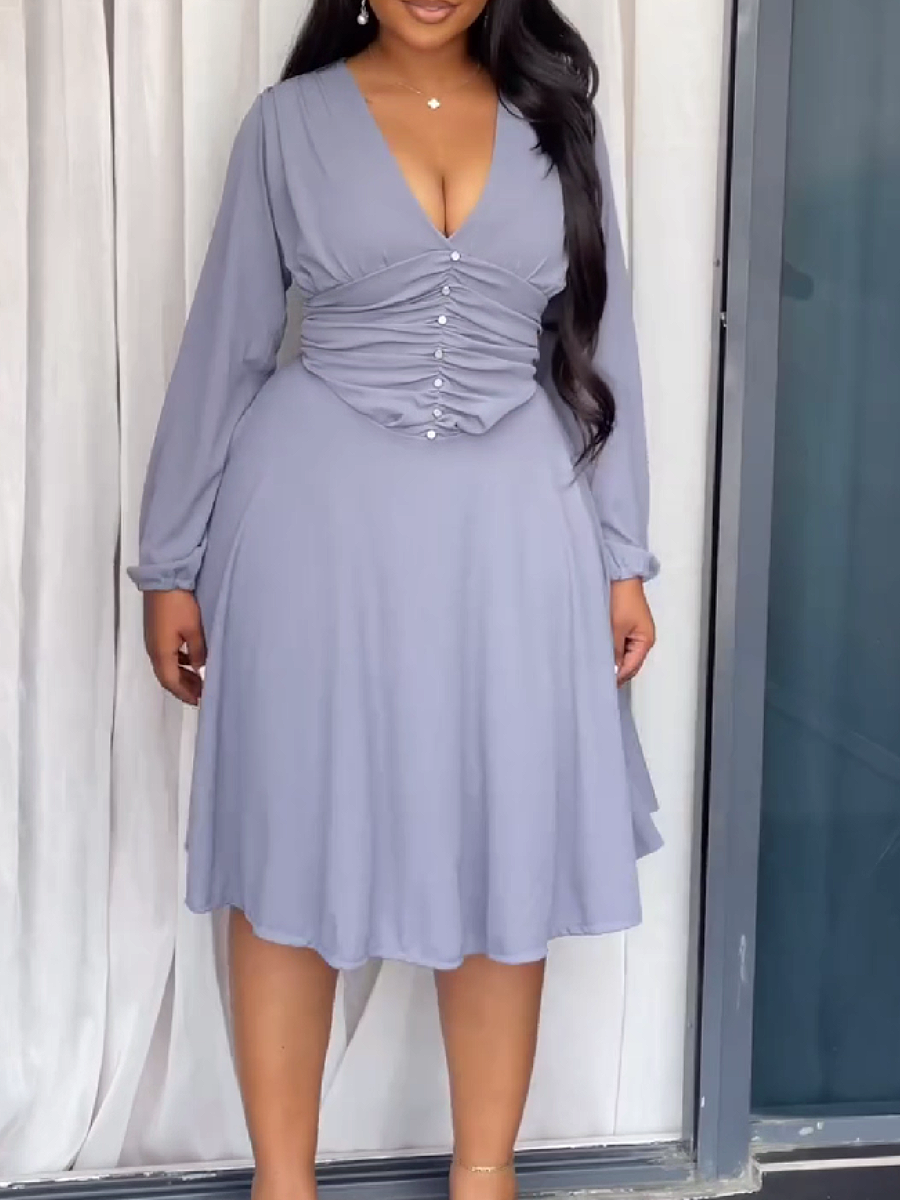 V-Neck Ruched Waist Midi Dress