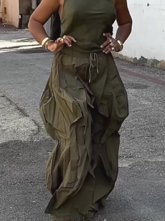 Layered Wide-Leg Pants with Drawstring Waist