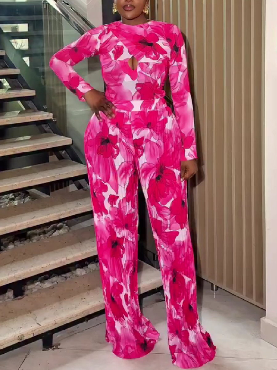 Pink Floral Print Long-sleeved Suit