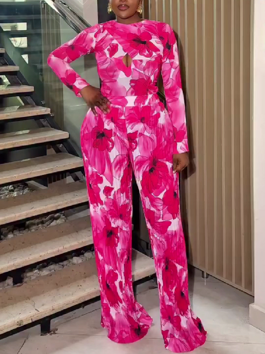 Pink Floral Print Long-sleeved Suit