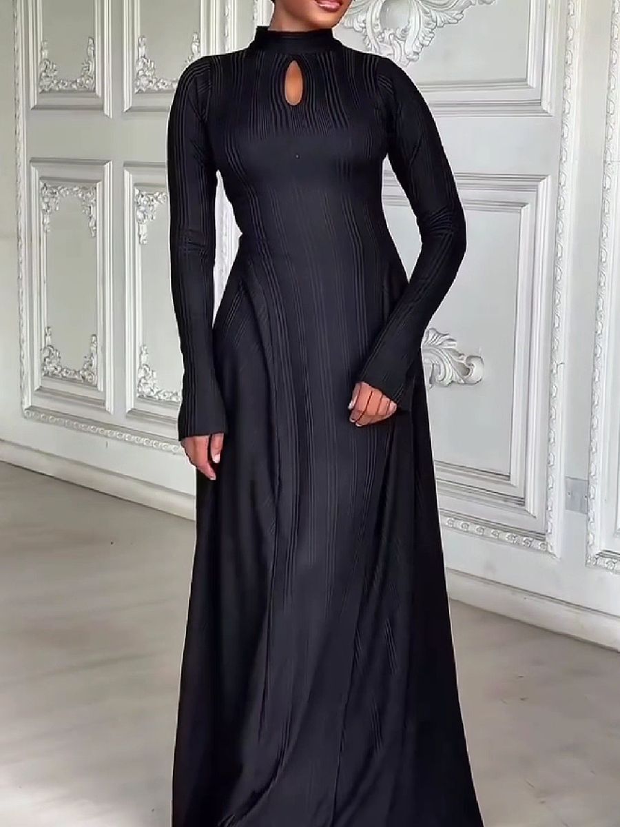 Ribbed Keyhole Long Sleeve Gown