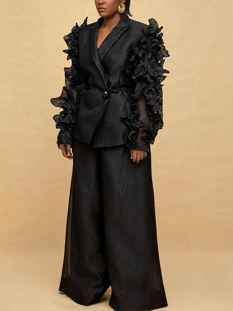 Ruffled Sleeve Blazer and Wide Leg Pants Set