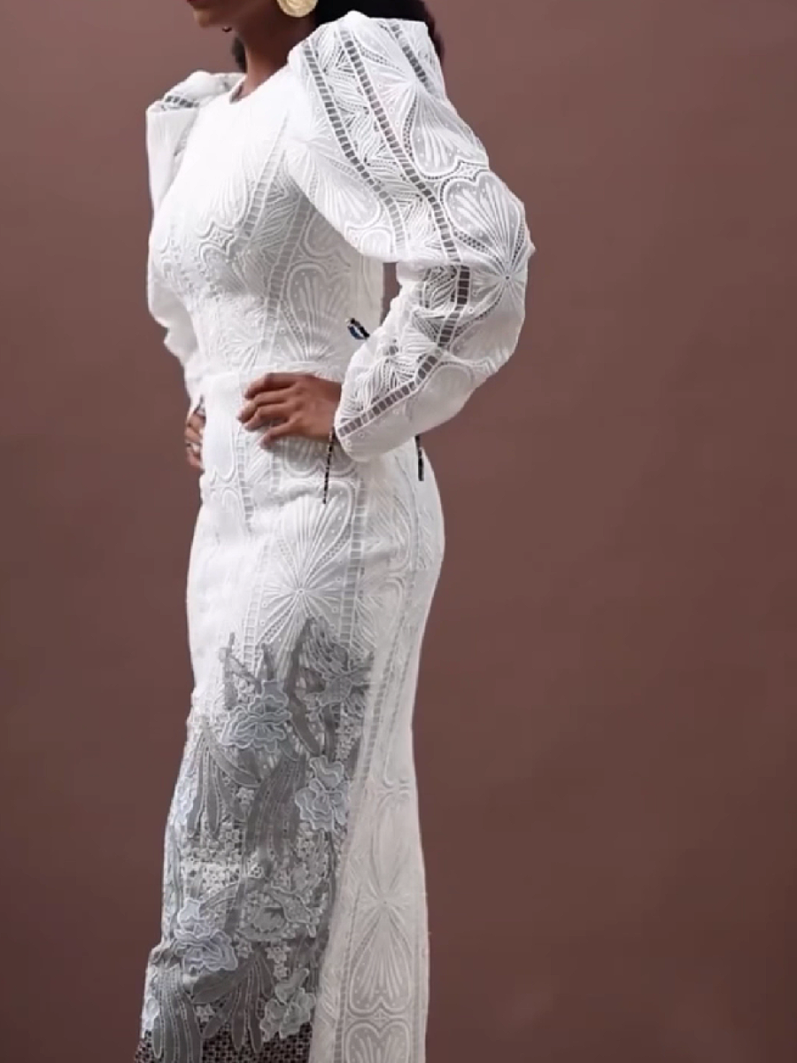 Lace Embellished Puff Sleeve Maxi Dress