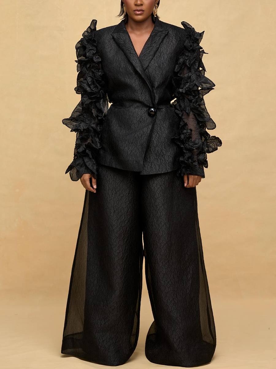 Ruffled Sleeve Blazer and Wide Leg Pants Set