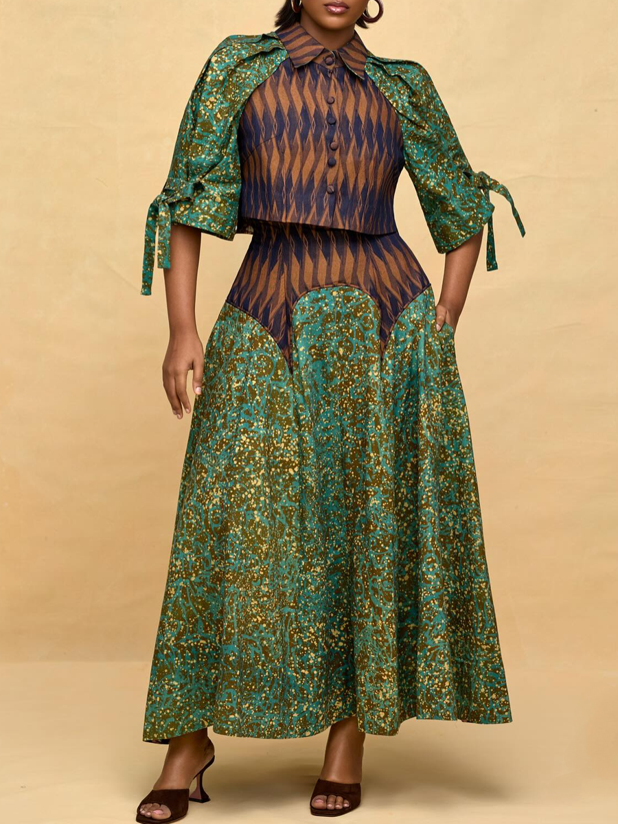 Tie Sleeve Crop Top and High Waisted Maxi Skirt Set