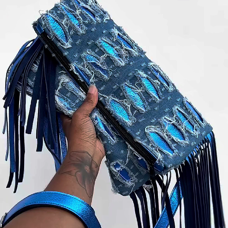 Denim Fringe Clutch Bag