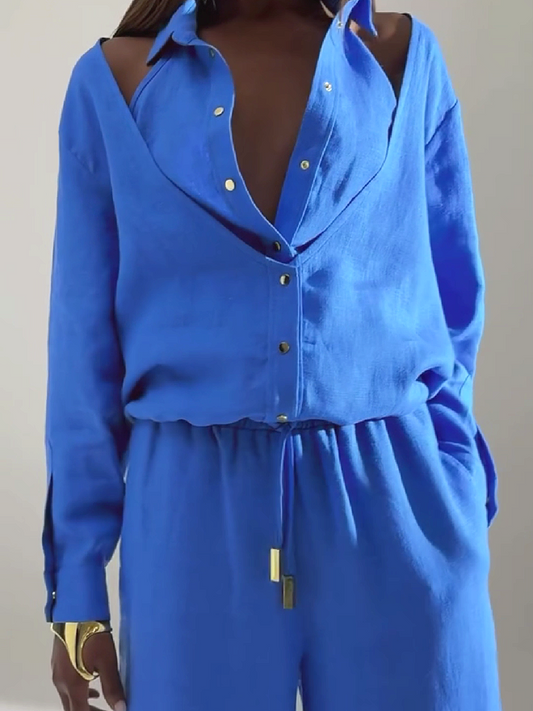 Blue Button Down Cold Shoulder Suit