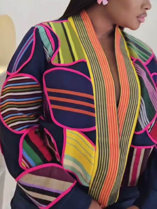 Colorful Striped Patchwork Blazer Jacket
