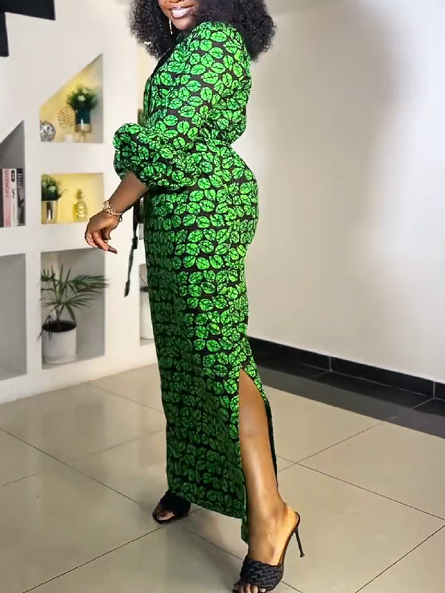 Green Leaf Print Maxi Dress