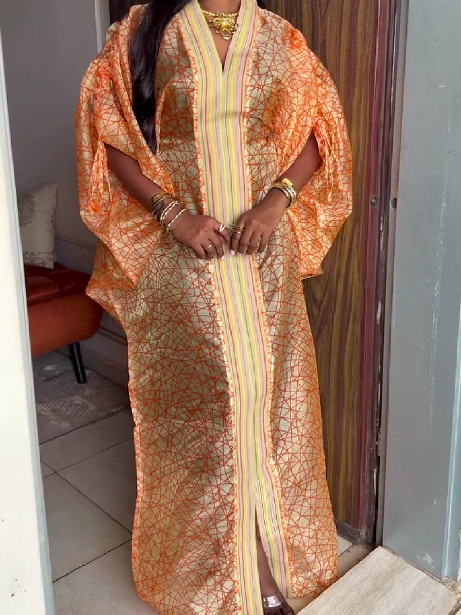 Geometric Print Long Wrap Dress with Wide Sleeves