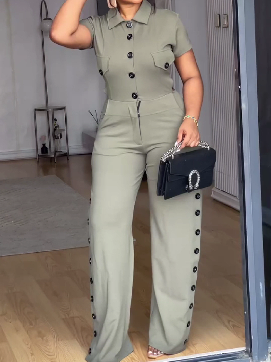 Button-Down Collar Jumpsuit with Side Button Detail