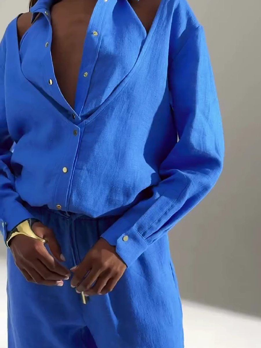 Blue Button Down Cold Shoulder Suit