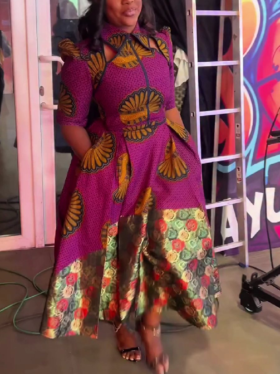 High Neck Patchwork Print Midi Dress