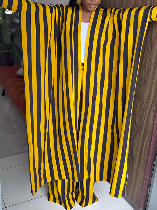 Striped Wide Leg Pants and Open Front Kimono Set