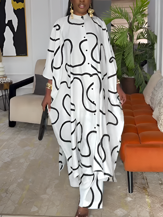Abstract Line Print Button-Down Maxi Dress